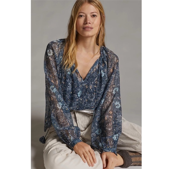 Anthropologie Let Me Be Blue Floral Sheer Chiffon Blouse M Puffed Sleeves Boho - Picture 1 of 14